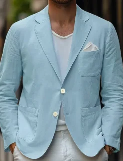 New OUKU Men's Linen Blazer Sport Coat Casual Daily Spring & Summer Cotton And Linen Solid Color Comfy Single Breasted Two-button Blazer Beige Light Blue