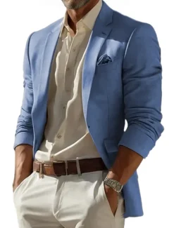 Online OUKU Men's Linen Blazer Sport Coat Notch Collar Fashion Casual Solid Colored Blazer Lake blue Sky Blue Dark Grey Standard Fit Single Breasted One-button