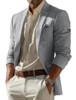Online OUKU Men's Linen Blazer Sport Coat Notch Collar Fashion Casual Solid Colored Blazer Lake blue Sky Blue Dark Grey Standard Fit Single Breasted One-button