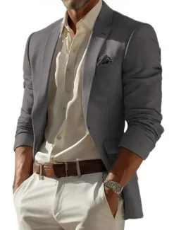Online OUKU Men's Linen Blazer Sport Coat Notch Collar Fashion Casual Solid Colored Blazer Lake blue Sky Blue Dark Grey Standard Fit Single Breasted One-button