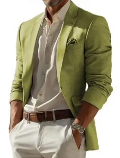 Online OUKU Men's Linen Blazer Sport Coat Notch Collar Fashion Casual Solid Colored Blazer Lake blue Sky Blue Dark Grey Standard Fit Single Breasted One-button
