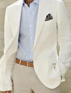 Discount OUKU Men's Linen Blazer Sport Coat Closure collar Fashion Casual Solid Colored Tailored Fit Single Breasted One-button White