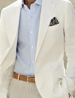 Discount OUKU Men's Linen Blazer Sport Coat Closure collar Fashion Casual Solid Colored Tailored Fit Single Breasted One-button White