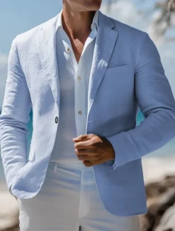 New OUKU Men's Linen Blazer Sport Coat Notch Collar Fashion Casual Solid Colored Blazer Lake blue Pink Sky Blue Standard Fit Single Breasted One-button