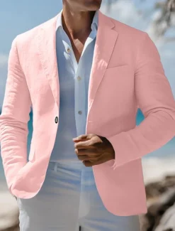 New OUKU Men's Linen Blazer Sport Coat Notch Collar Fashion Casual Solid Colored Blazer Lake blue Pink Sky Blue Standard Fit Single Breasted One-button