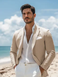 Clearance OUKU Men's Linen Blazer Sport Coat Notch Collar Fashion Casual Solid Colored Blazer khaki Beige Standard Fit Single Breasted One-button