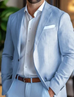 Clearance OUKU Men's Linen Blazer Sport Coat Notch Collar Fashion Casual Solid Colored Blazer Standard Fit Single Breasted One-button Sky Blue