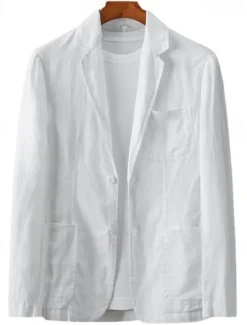 OUKU Men's Linen Blazer Sport Coat Casual Daily Beach Wedding Fashion Lightweight All Seasons Cotton Linen Solid Colored Basic Single Breasted Two-button Blazer White Sky Blue Beige