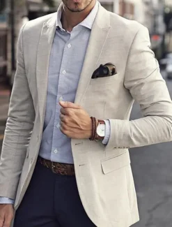 Discount OUKU Men's Linen Blazer Sport Coat Notch Collar Fashion Casual Solid Colored Tailored Fit Single Breasted One-button Beige