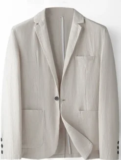 Sale OUKU Men's Linen Blazer Suits Wedding Anniversary Vacation Elegant Neutral Spring & Fall Cotton Linen Solid Color Buttons Comfy Single Breasted One-button Blazer Black Dark Red Navy Blue Green
