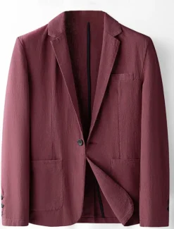 Sale OUKU Men's Linen Blazer Suits Wedding Anniversary Vacation Elegant Neutral Spring & Fall Cotton Linen Solid Color Buttons Comfy Single Breasted One-button Blazer Black Dark Red Navy Blue Green