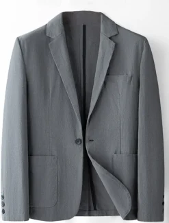 Sale OUKU Men's Linen Blazer Suits Wedding Anniversary Vacation Elegant Neutral Spring & Fall Cotton Linen Solid Color Buttons Comfy Single Breasted One-button Blazer Black Dark Red Navy Blue Green