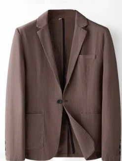 Sale OUKU Men's Linen Blazer Suits Wedding Anniversary Vacation Elegant Neutral Spring & Fall Cotton Linen Solid Color Buttons Comfy Single Breasted One-button Blazer Black Dark Red Navy Blue Green