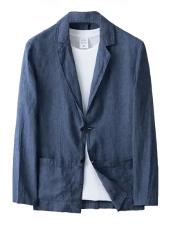 Hot OUKU Men's Linen Blazer Suits Wedding Anniversary Vacation Elegant Neutral Spring & Fall Cotton Linen Solid Color Buttons Comfy Single Breasted Two-button Blazer Dark Gray Navy Blue