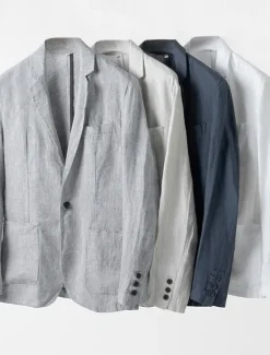 Online OUKU Men's Linen Blazer Suits Wedding Anniversary Vacation Elegant Neutral Spring & Fall Cotton Linen Solid Color Buttons Comfy Single Breasted One-button Blazer White Navy Blue Beige Gray