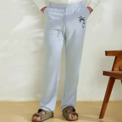 Clearance OUKU Men's Linen Pants 40% Linen Trousers Summer Pants Beach Pants Drawstring Elastic Waist Straight Leg Coconut Tree Breathable Full Length Vacation Beach Fashion Casual Blue Brown