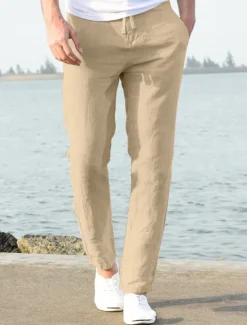 OUKU Men's Linen Pants Beach Pants Black White Blue M L XL