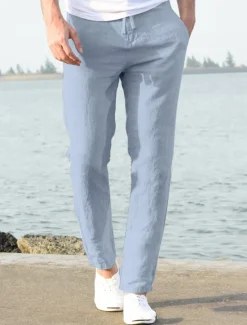 OUKU Men's Linen Pants Beach Pants Black White Blue M L XL