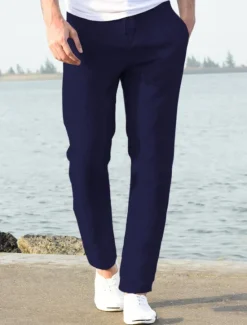 OUKU Men's Linen Pants Beach Pants Black White Blue M L XL