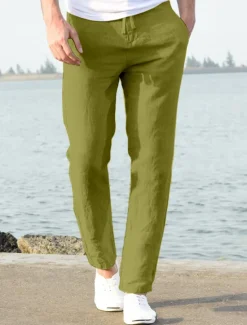 OUKU Men's Linen Pants Beach Pants Black White Blue M L XL