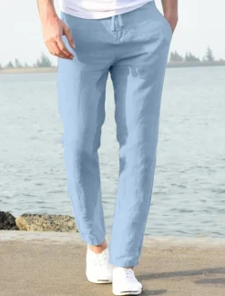 OUKU Men's Linen Pants Beach Pants Black White Blue M L XL