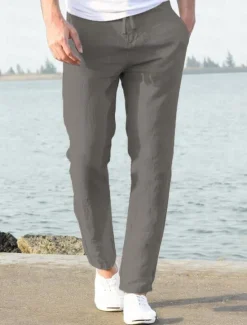 OUKU Men's Linen Pants Beach Pants Black White Blue M L XL