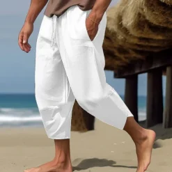 Hot OUKU Men's Linen Pants Capri Pants Pocket Drawstring Elastic Waist Plain Comfort Breathable Calf-Length Vacation Daily Holiday Hawaiian Boho ArmyGreen Black