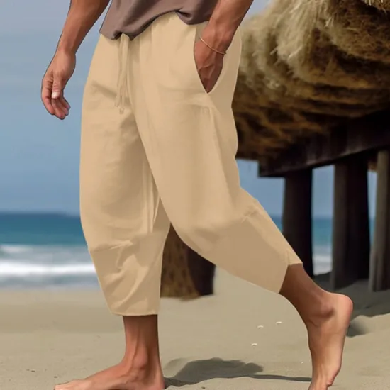 Hot OUKU Men's Linen Pants Capri Pants Pocket Drawstring Elastic Waist Plain Comfort Breathable Calf-Length Vacation Daily Holiday Hawaiian Boho ArmyGreen Black