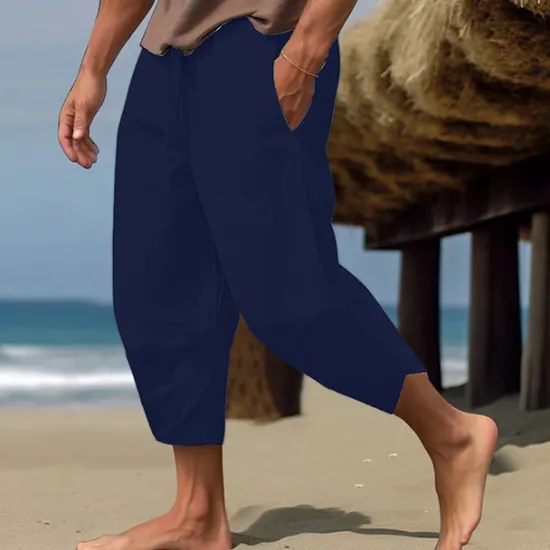 Hot OUKU Men's Linen Pants Capri Pants Pocket Drawstring Elastic Waist Plain Comfort Breathable Calf-Length Vacation Daily Holiday Hawaiian Boho ArmyGreen Black