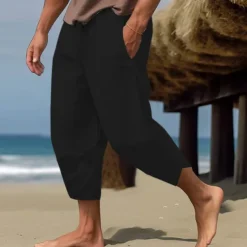 Hot OUKU Men's Linen Pants Capri Pants Pocket Drawstring Elastic Waist Plain Comfort Breathable Calf-Length Vacation Daily Holiday Hawaiian Boho ArmyGreen Black