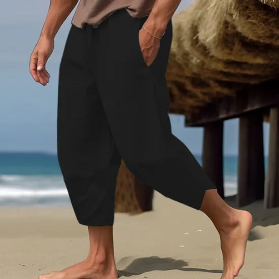 Hot OUKU Men's Linen Pants Capri Pants Pocket Drawstring Elastic Waist Plain Comfort Breathable Calf-Length Vacation Daily Holiday Hawaiian Boho ArmyGreen Black