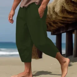 Hot OUKU Men's Linen Pants Capri Pants Pocket Drawstring Elastic Waist Plain Comfort Breathable Calf-Length Vacation Daily Holiday Hawaiian Boho ArmyGreen Black