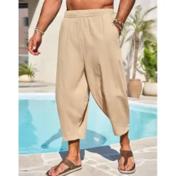 Hot OUKU Men's Linen Pants Capri Pants Trousers Summer Pants Beach Pants Pocket Elastic Waist Plain Comfort Breathable Vacation Daily Holiday Hawaiian Boho ArmyGreen Black