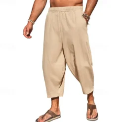 Hot OUKU Men's Linen Pants Capri Pants Trousers Summer Pants Beach Pants Pocket Elastic Waist Plain Comfort Breathable Vacation Daily Holiday Hawaiian Boho ArmyGreen Black