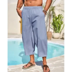 Hot OUKU Men's Linen Pants Capri Pants Trousers Summer Pants Beach Pants Pocket Elastic Waist Plain Comfort Breathable Vacation Daily Holiday Hawaiian Boho ArmyGreen Black