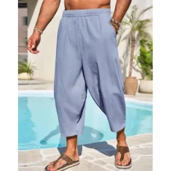 Hot OUKU Men's Linen Pants Capri Pants Trousers Summer Pants Beach Pants Pocket Elastic Waist Plain Comfort Breathable Vacation Daily Holiday Hawaiian Boho ArmyGreen Black