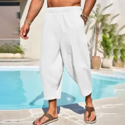 Hot OUKU Men's Linen Pants Capri Pants Trousers Summer Pants Beach Pants Pocket Elastic Waist Plain Comfort Breathable Vacation Daily Holiday Hawaiian Boho ArmyGreen Black