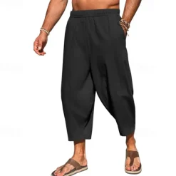 Hot OUKU Men's Linen Pants Capri Pants Trousers Summer Pants Beach Pants Pocket Elastic Waist Plain Comfort Breathable Vacation Daily Holiday Hawaiian Boho ArmyGreen Black