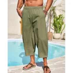 Hot OUKU Men's Linen Pants Capri Pants Trousers Summer Pants Beach Pants Pocket Elastic Waist Plain Comfort Breathable Vacation Daily Holiday Hawaiian Boho ArmyGreen Black