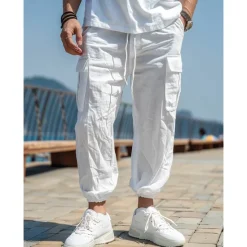 Outlet OUKU Men's Linen Pants Cargo Joggers Trousers Summer Pants Beach Pants Drawstring Elastic Waist Multi Pocket Plain Comfort Breathable Casual Daily Holiday Fashion Classic Style Black White