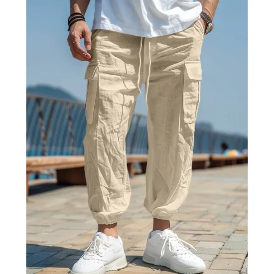 Outlet OUKU Men's Linen Pants Cargo Joggers Trousers Summer Pants Beach Pants Drawstring Elastic Waist Multi Pocket Plain Comfort Breathable Casual Daily Holiday Fashion Classic Style Black White