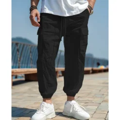 Outlet OUKU Men's Linen Pants Cargo Joggers Trousers Summer Pants Beach Pants Drawstring Elastic Waist Multi Pocket Plain Comfort Breathable Casual Daily Holiday Fashion Classic Style Black White