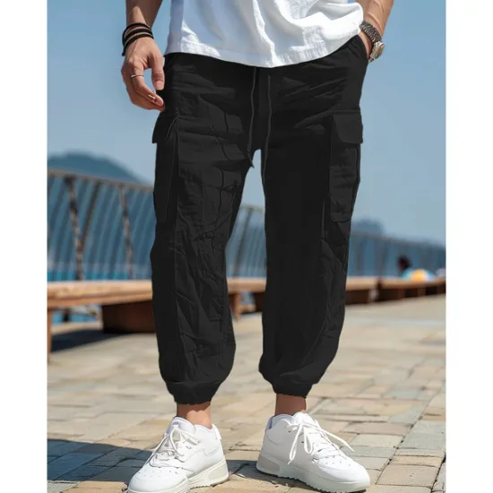 Outlet OUKU Men's Linen Pants Cargo Joggers Trousers Summer Pants Beach Pants Drawstring Elastic Waist Multi Pocket Plain Comfort Breathable Casual Daily Holiday Fashion Classic Style Black White