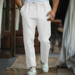 New OUKU Men's Linen Pants Chinos Solid Color Full Length Wedding Party Outdoor Elegant Vacation Black White Micro-elastic