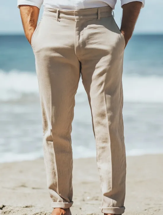 Discount OUKU Men's Linen Pants Dress Pants Summer Trousers Straight Leg Plain Breathable Casual Daily Holiday Standard Fit Khaki Beige