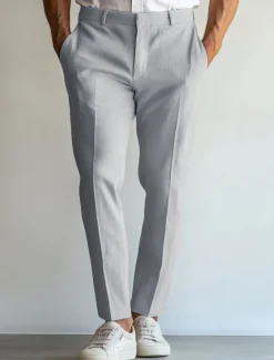 OUKU Men's Linen Pants Dress Pants Summer Straight Leg Plain Breathable Casual Holiday Fashion Sky Blue Light Grey Beige