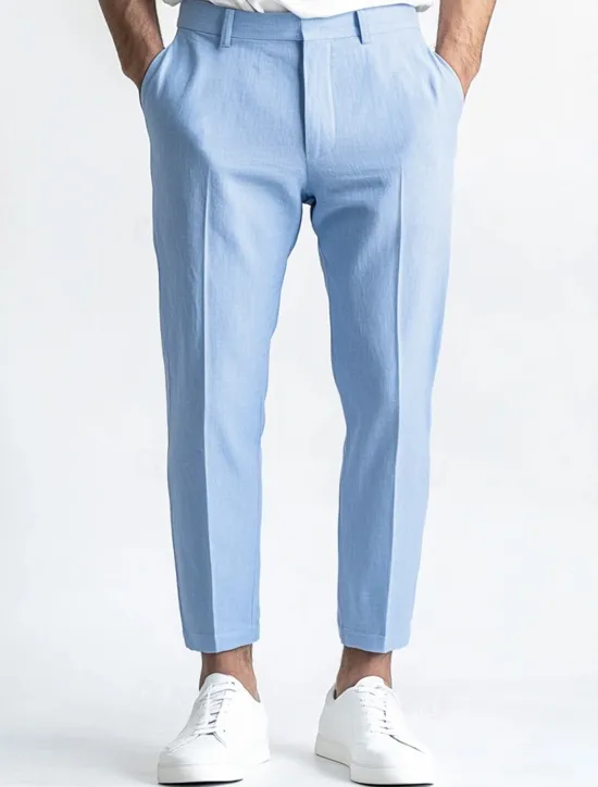 Sale OUKU Men's Linen Pants Dress Pants Summer Trousers Straight Leg Plain Breathable Casual Daily Standard Fit Black White Blue