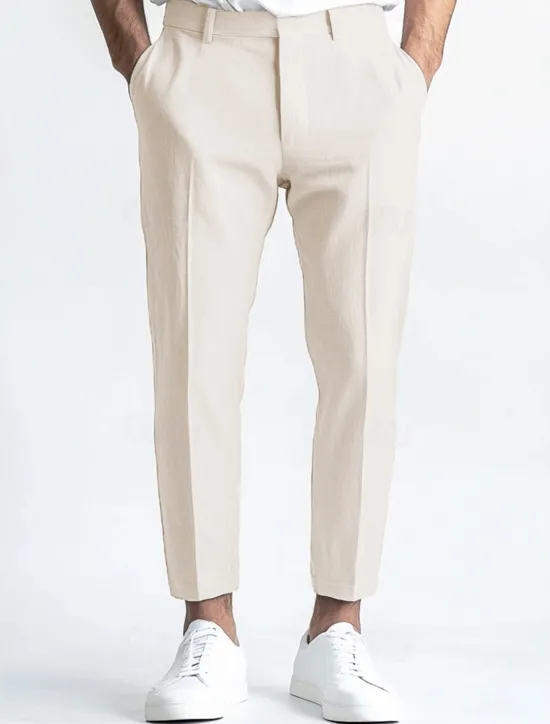 Sale OUKU Men's Linen Pants Dress Pants Summer Trousers Straight Leg Plain Breathable Casual Daily Standard Fit Black White Blue