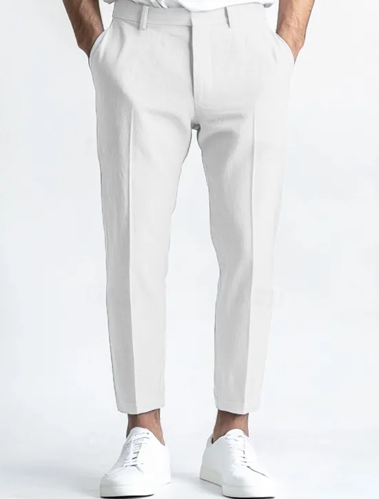 Sale OUKU Men's Linen Pants Dress Pants Summer Trousers Straight Leg Plain Breathable Casual Daily Standard Fit Black White Blue