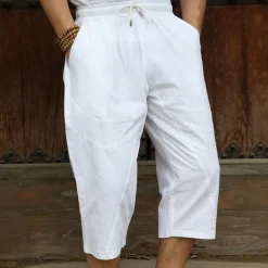 Outlet OUKU Men's Linen Pants Summer Pants Beach Pants Pocket Drawstring Elastic Waist Plain Comfort Breathable Calf-Length Vacation Daily Holiday Hawaiian Boho Black White